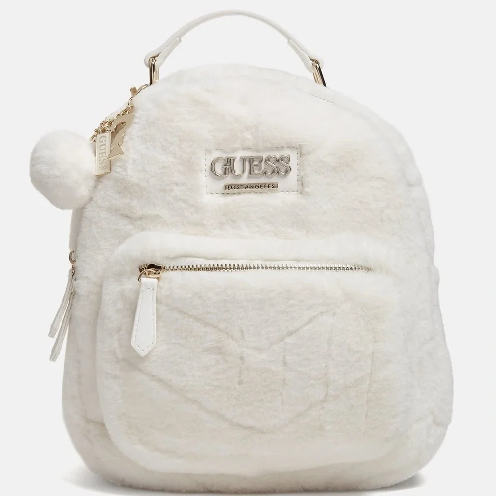 New Guess White Quilted Backpack with Pom-Pom Charm